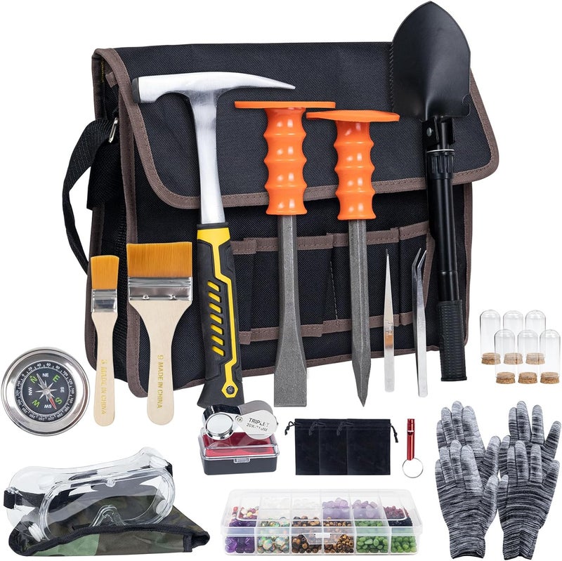 DigNew Geology Rock Pick Hammer Kit – 25PCS Rock Hammer Kit, Complete Geology Kit with Chisels,Folding Shovel, Safety Gear,Gold Panning Kit Accessories, Rock Hounding Equipment for Outdoor Exploration - Image 1